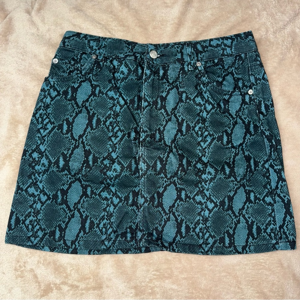 Topshop Python Snake Print Teal And Black Denim Skirt With Pockets Women’s Sz 8